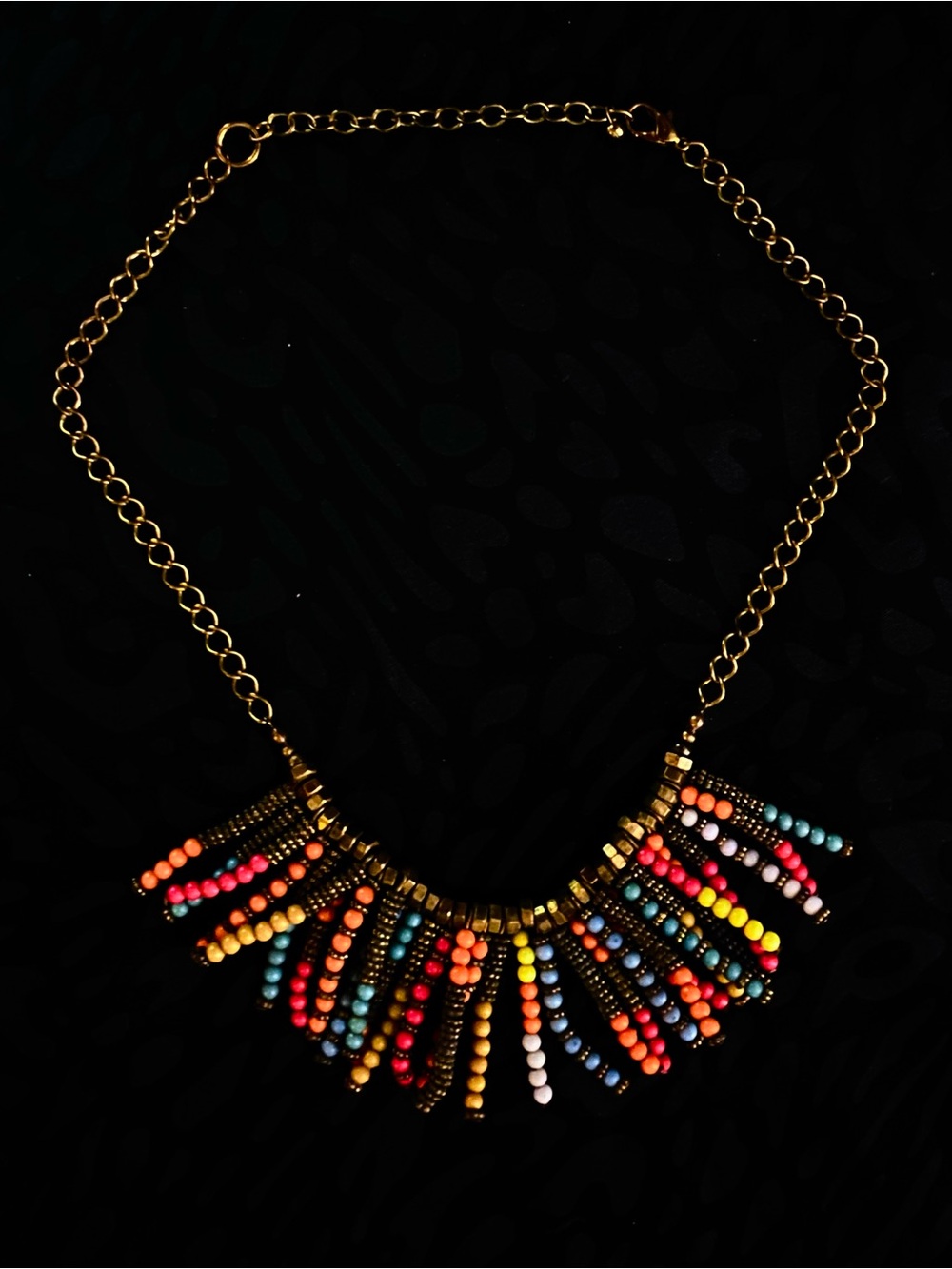 Bronze/Gold-Tone Multicolor Seed Bead Sunburst Fan Pendant Statement Necklace